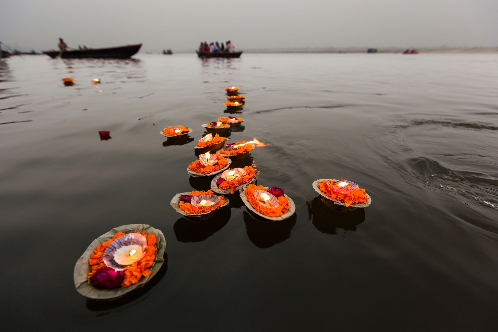 Diyas floating on the Ganges